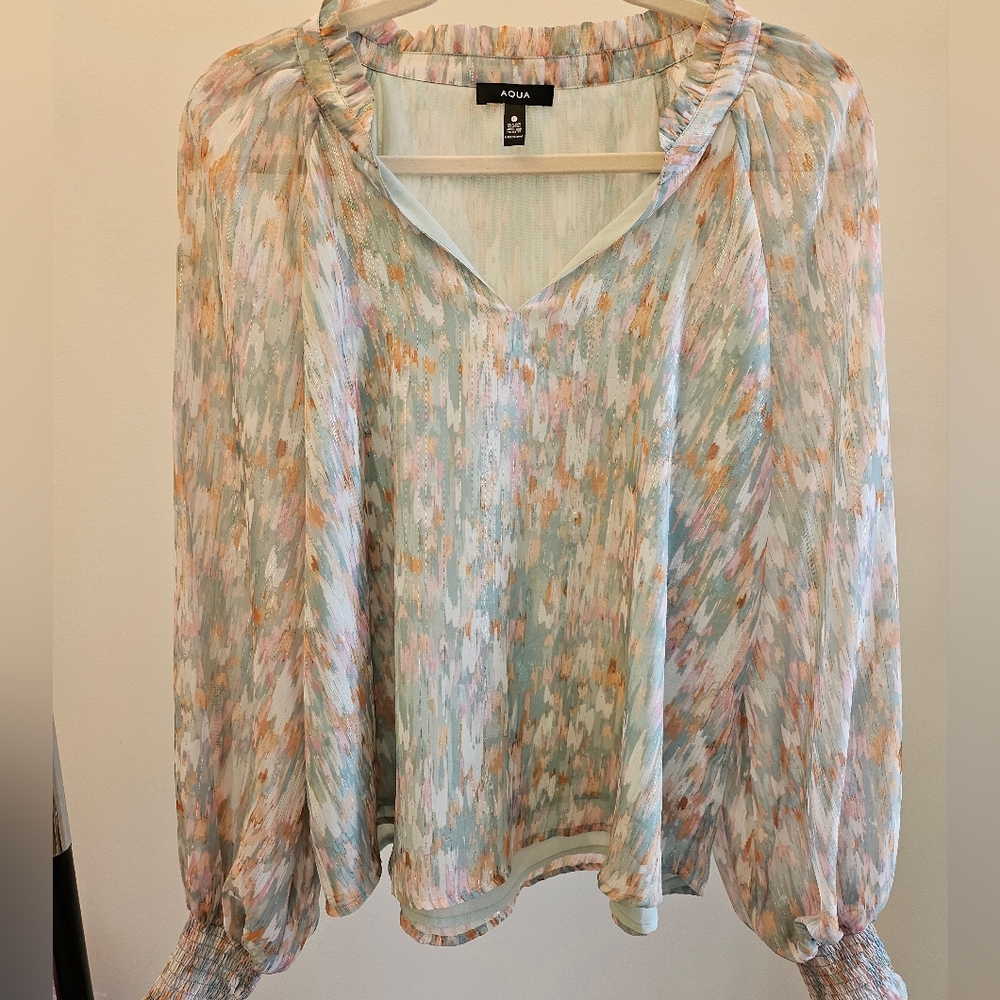 Aqua Seafoam Green/peach Metallic Blouse Large